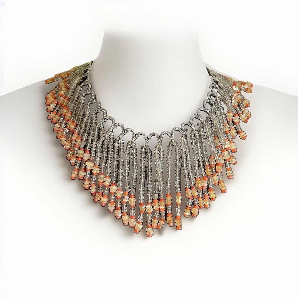 Sterling Silver Marcasite Statement Necklace Faceted Glass Crystal Beads Vintage